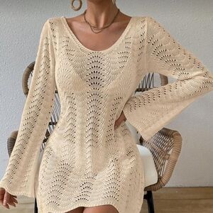 Veloura Women’s Crochet Knit Beach Cover Up Dress Long Sleeve Backless